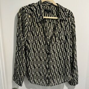 Guess Button Down Pattern Sheer Black & Cream Blouse Sz L
